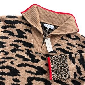 John + Jenn Anthropologie XS Brown Red Linx Leopard 1/4 Zip Stirling Sweater Boh